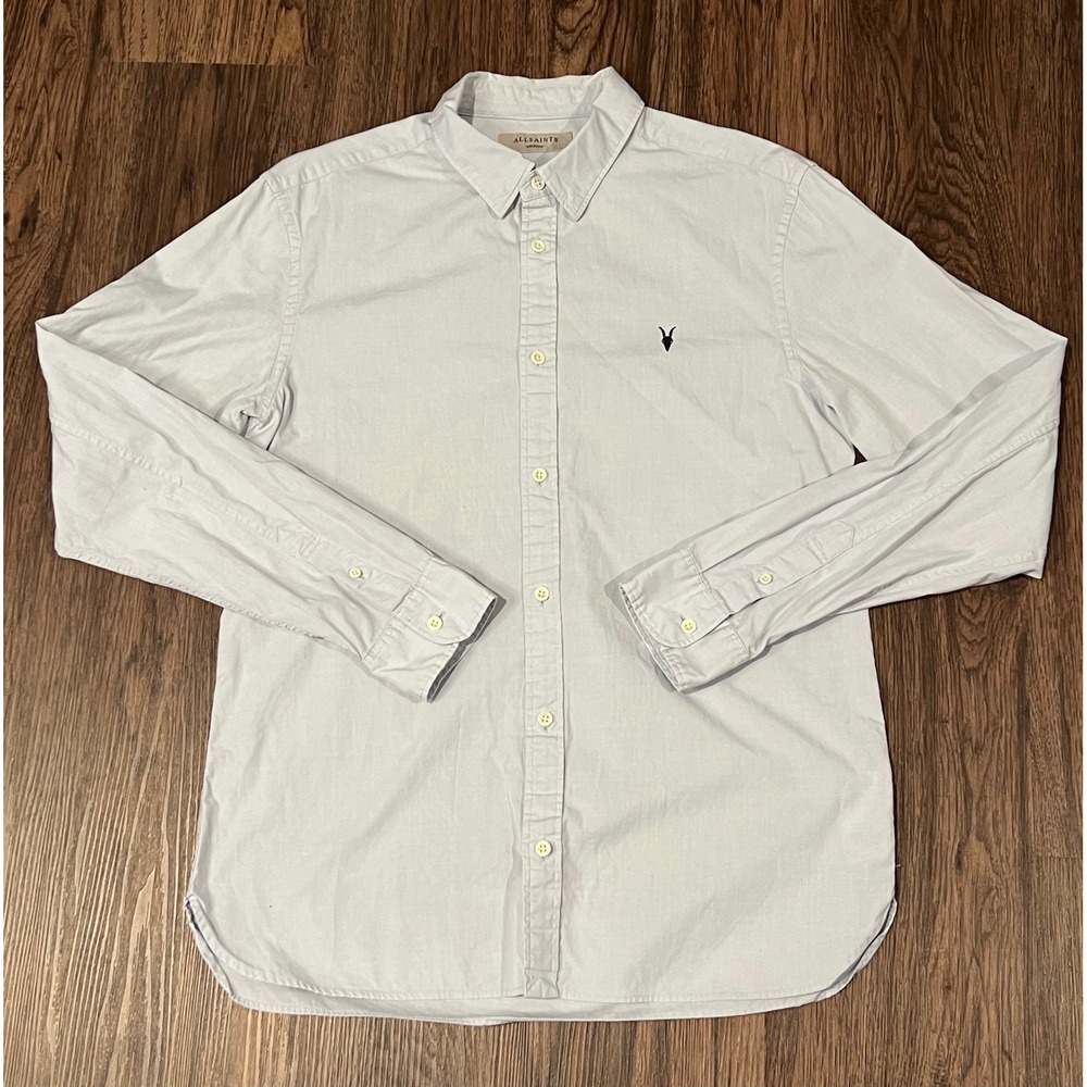 AllSaints Mens Long Sleeve Ramskull Button Down Shirt Light Blue Size Medium